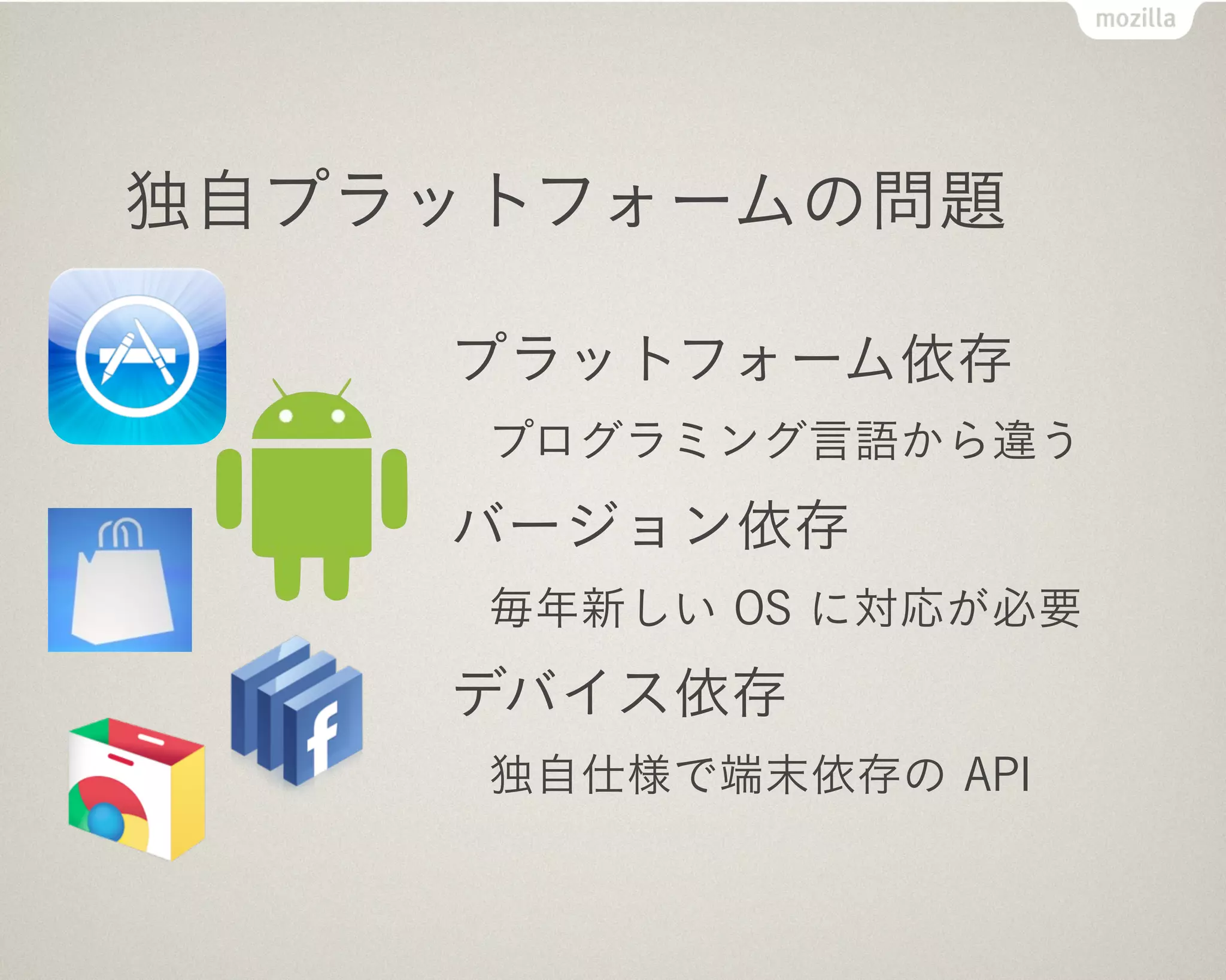 Web 標準プラットフォーム
        vs
独自技術による囲い込み



     「ブラウザ戦争」の時代はとっくに終わりました
 