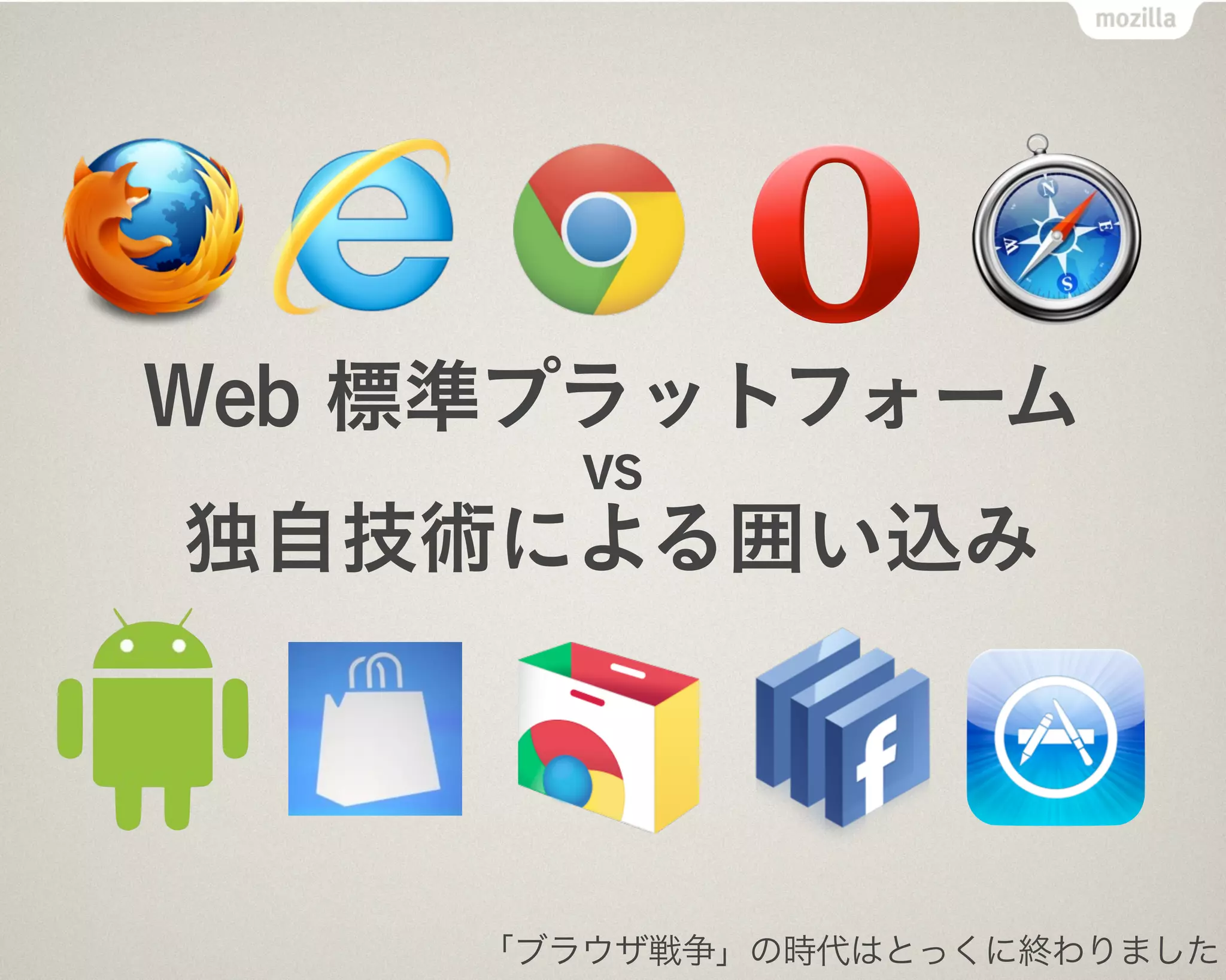 "HTML5" への期待

      次世代プラットフォーム
       アプリ開発のプラットフォーム
      Web アプリ開発を簡単に
       互換性のある範囲の拡大
      マルチデバイス展開
       言語と API を共通化
 