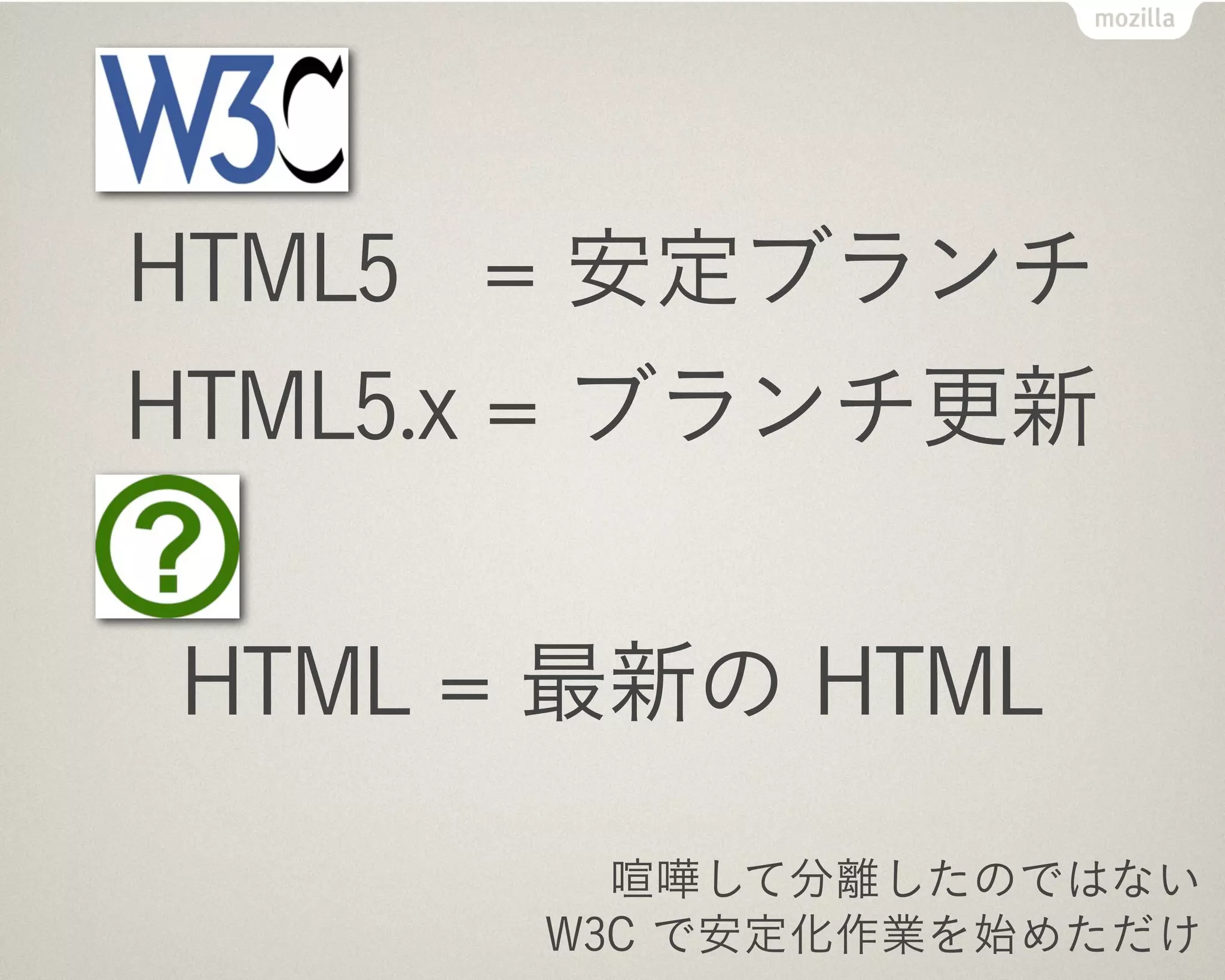 HHTTMMLL  仕様は進化と
安定化が同時に続く！


           HTML5.x の安定化中も
         HTMLの進化は止まらない
 