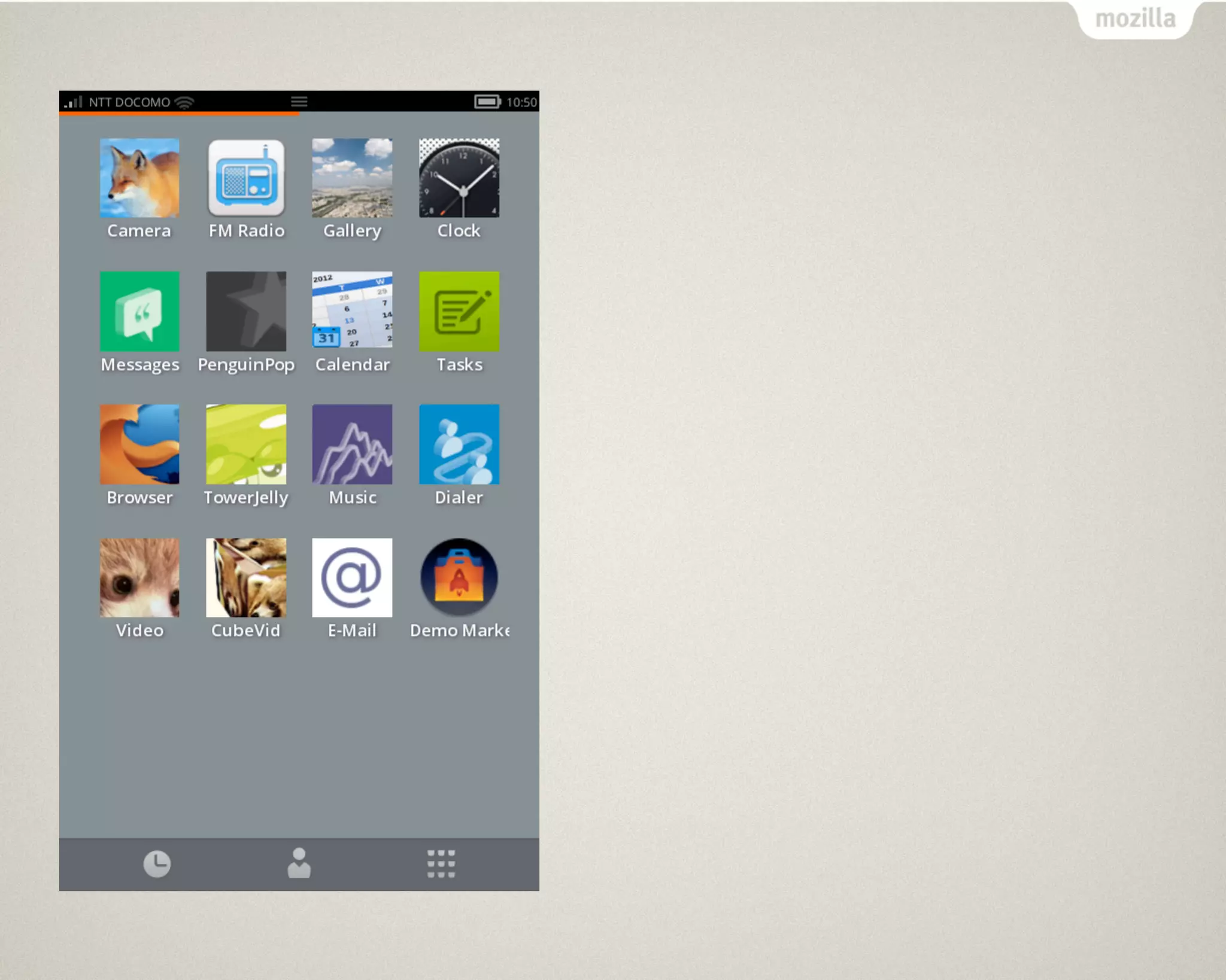 ステータスバーも
(電波強度、電池残量...)
カメラやラジオも
電話や SMS の送受信も
もちろん Firefox も
音楽やビデオの再生も
マーケットプレイスも
３Dアプリも
 その他なんでも...
 