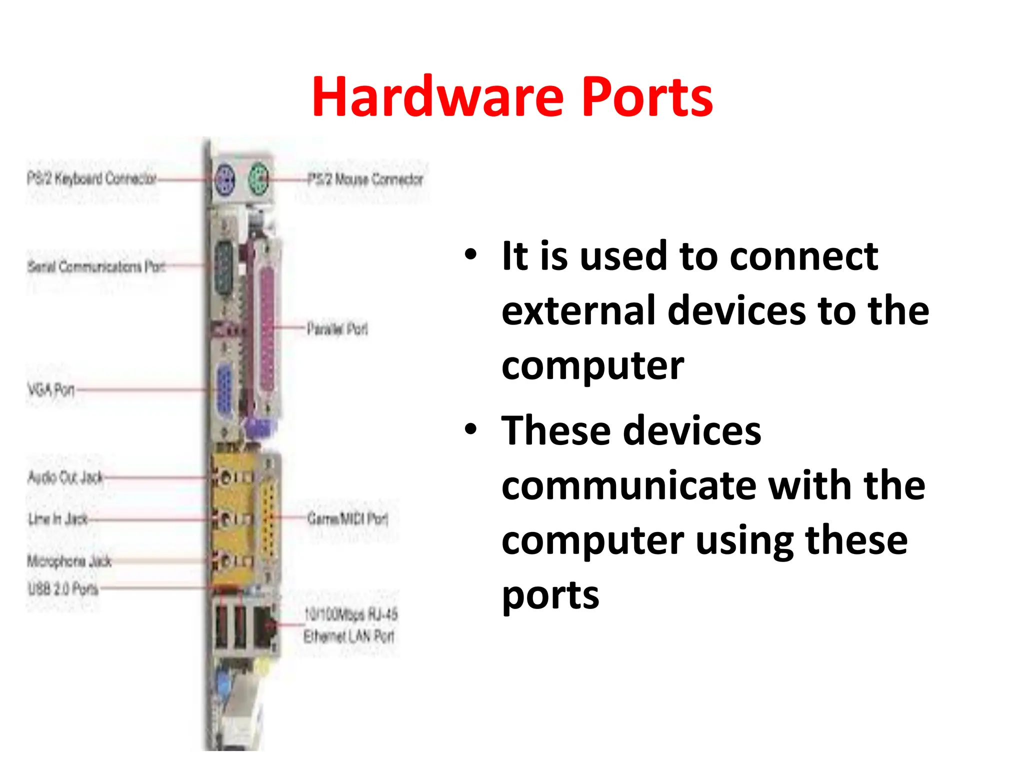Hardware Ports
• It is used to connect
external devices to the
computer
• These devices
communicate with the
computer using these
ports
 