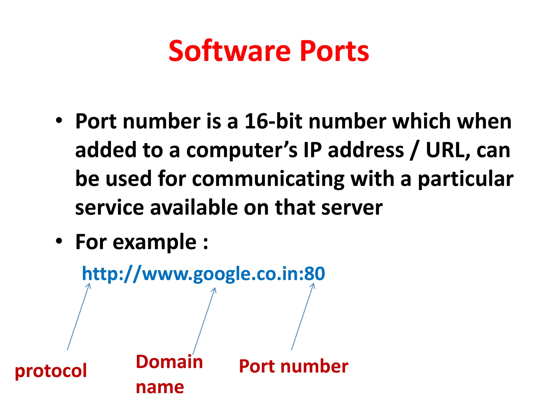 Software Ports
• Port number is a 16-bit number which when
added to a computer’s IP address / URL, can
be used for communicating with a particular
service available on that server
• For example :
http://www.google.co.in:80
protocol Domain
name
Port number
 