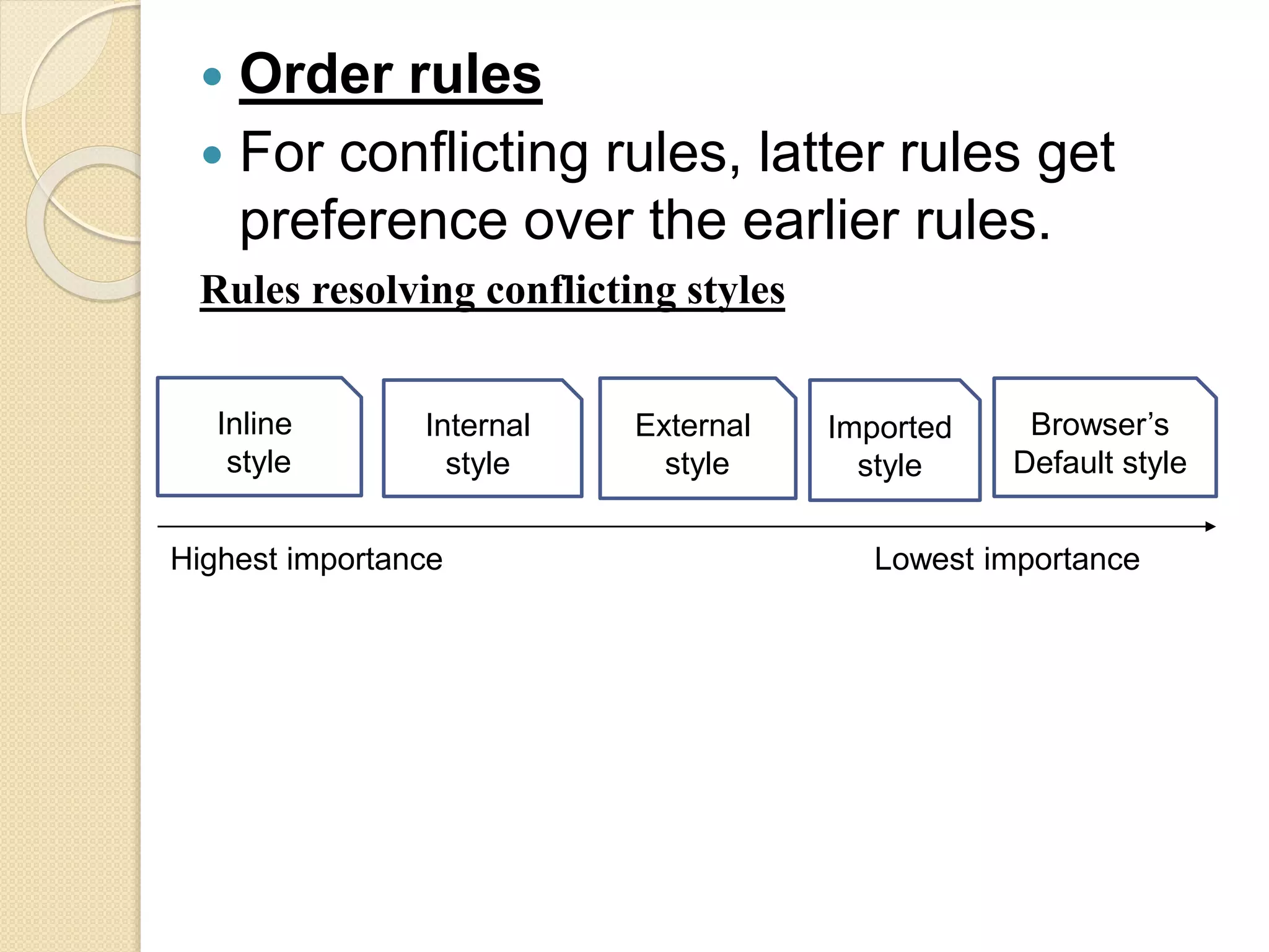  Order rules
 For conflicting rules, latter rules get
preference over the earlier rules.
Rules resolving conflicting styles
Inline
style
Internal
style
External
style
Imported
style
Browser’s
Default style
Highest importance Lowest importance
 