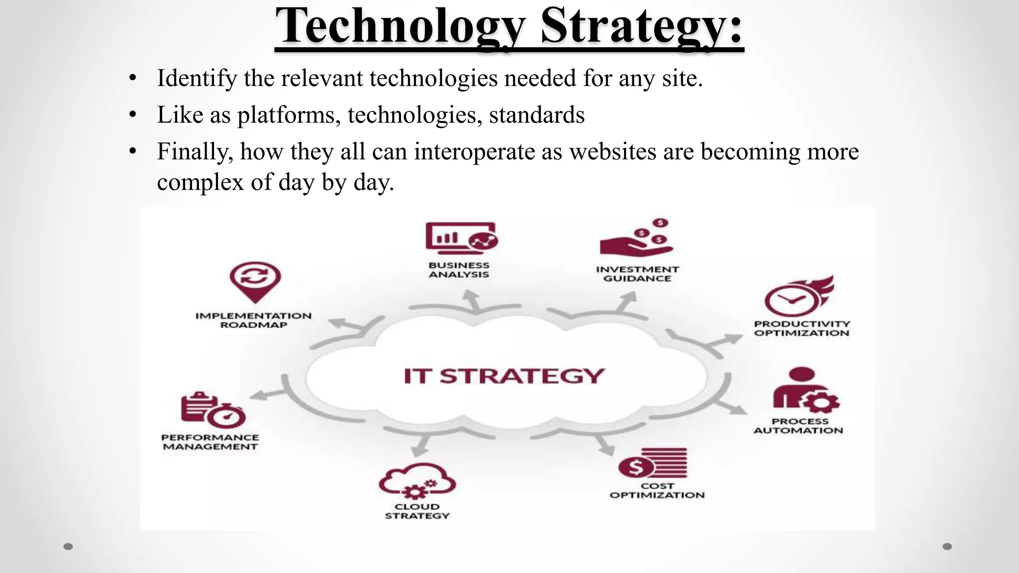 Technology Strategy:
• Identify the relevant technologies needed for any site.
• Like as platforms, technologies, standards
• Finally, how they all can interoperate as websites are becoming more
complex of day by day.
 