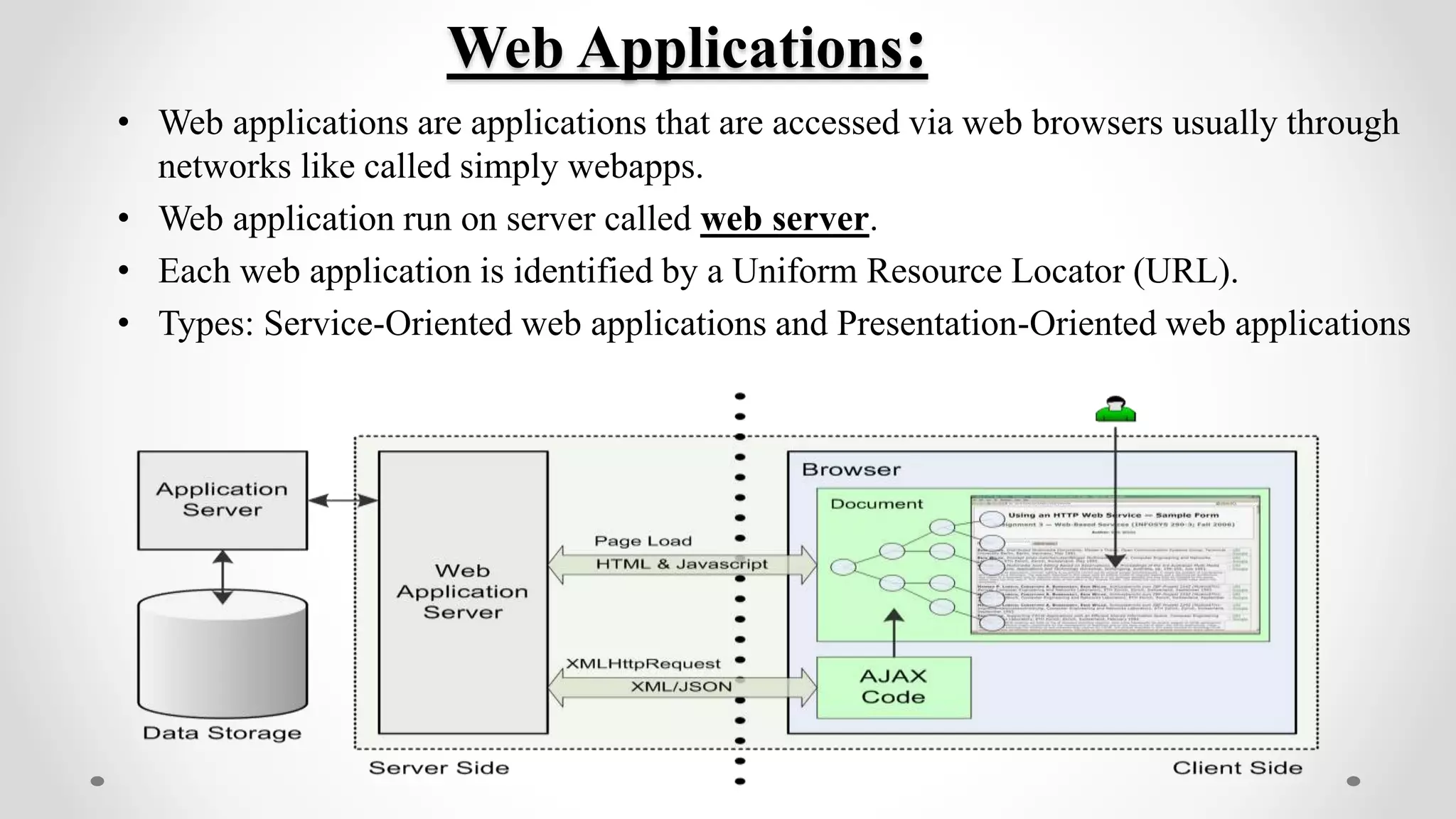 Web Applications:
• Web applications are applications that are accessed via web browsers usually through
networks like called simply webapps.
• Web application run on server called web server.
• Each web application is identified by a Uniform Resource Locator (URL).
• Types: Service-Oriented web applications and Presentation-Oriented web applications
 