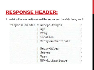 RESPONSE HEADER:
It contains the information about the server and the data being sent.
 