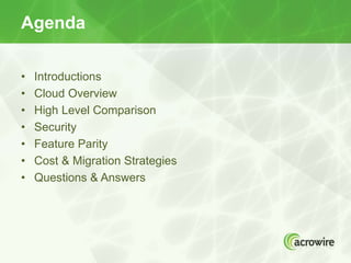 • Introductions
• Cloud Overview
• High Level Comparison
• Security
• Feature Parity
• Cost & Migration Strategies
• Quest...