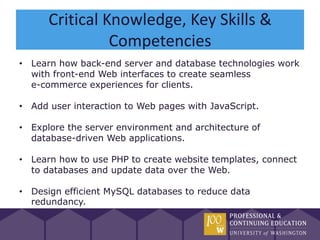 Critical Knowledge, Key Skills &
                Competencies
• Learn how back-end server and database technologies work
  with front-end Web interfaces to create seamless
  e-commerce experiences for clients.

• Add user interaction to Web pages with JavaScript.

• Explore the server environment and architecture of
  database-driven Web applications.

• Learn how to use PHP to create website templates, connect
  to databases and update data over the Web.

• Design efficient MySQL databases to reduce data
  redundancy.
 