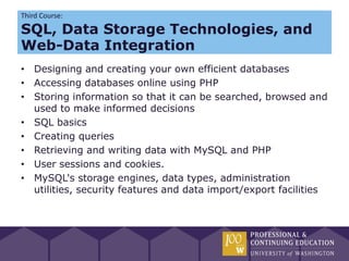 Third Course:

SQL, Data Storage Technologies, and
Web-Data Integration
• Designing and creating your own efficient databases
• Accessing databases online using PHP
• Storing information so that it can be searched, browsed and
  used to make informed decisions
• SQL basics
• Creating queries
• Retrieving and writing data with MySQL and PHP
• User sessions and cookies.
• MySQL's storage engines, data types, administration
  utilities, security features and data import/export facilities
 