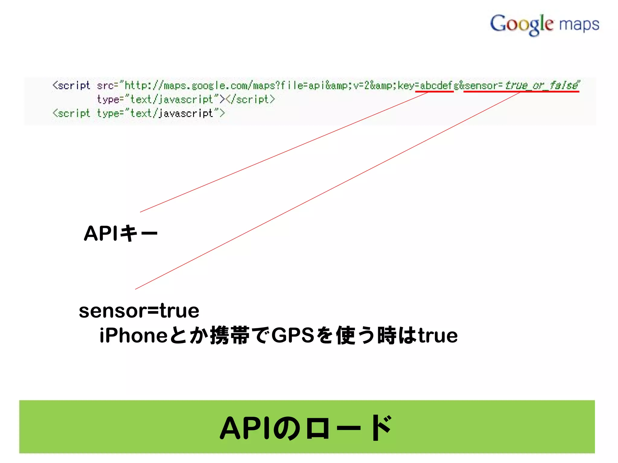 APIキー


sensor=true
  iPhoneとか携帯でGPSを使う時はtrue



         APIのロード
 
