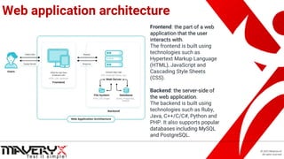 © 2021 Maveryx srl.
All rights reserved.
Web application architecture
Frontend: the part of a web
application that the user
interacts with.
The frontend is built using
technologies such as
Hypertext Markup Language
(HTML), JavaScript and
Cascading Style Sheets
(CSS).
Backend: the server-side of
the web application.
The backend is built using
technologies such as Ruby,
Java, C++/C/C#, Python and
PHP. It also supports popular
databases including MySQL
and PostgreSQL.
 