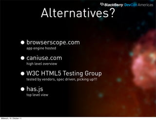 Alternatives?

                     • browserscope.com
                           app engine hosted


                     • caniuse.com
                           high level overview


                     • W3C HTML5 Testing Group
                           tested by vendors, spec driven, picking up!!!


                     • has.js
                           top level view




Mittwoch, 19. Oktober 11
 