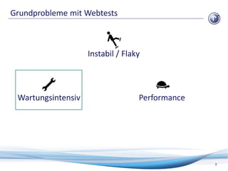 Grundprobleme mit Webtests
8
PerformanceWartungsintensiv
Instabil / Flaky
 