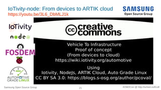 Samsung Open Source Group 21 #OW2Con @ http://sched.co/Ecdl
IoTivity-node: From devices to ARTIK cloud
https://youtu.be/3L6_DbMLJ1k
● https://s-opensource.org/author/PhilCovalSamsungCom/
●
● https://vimeo.com/202478132#iotivity-artik-20170204rzr
●
● https://youtu.be/3L6_DbMLJ1k#iotivity-artik-20170204rzr
 