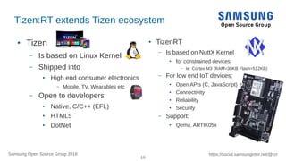 16
https://social.samsunginter.net/@rzrSamsung Open Source Group 2018
Tizen:RT extends Tizen ecosystem
● Tizen
– Is based on Linux Kernel
– Shipped into
● High end consumer electronics
– Mobile, TV, Wearables etc
– Open to developers
● Native, C/C++ (EFL)
● HTML5
● DotNet
● TizenRT
– Is based on NuttX Kernel
● for constrained devices:
– Ie: Cortex M3 (RAM=30KB Flash=512KB)
– For low end IoT devices:
● Open APIs (C, JavaScript)
● Connectivity
● Reliability
● Security
– Support:
● Qemu, ARTIK05x
 