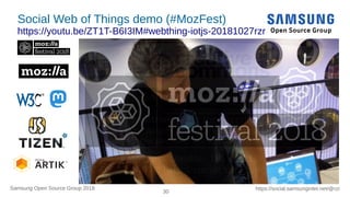 30
https://social.samsunginter.net/@rzrSamsung Open Source Group 2018
Social Web of Things demo (#MozFest)
https://youtu.be/ZT1T-B6I3IM#webthing-iotjs-20181027rzr
 