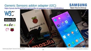 https://social.samsunginter.net/@rzrSamsung Open Source Group 2018
34
Generic Sensors addon adapter (I2C)
https://youtu.be/4haKrPetGmg#mozilla-iot-gateway-sensors-20180406rzr
●
mozilla-iot-gateway-sensors-20180406rzr
●
https://youtu.be/4haKrPetGmg
 