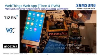 35
https://social.samsunginter.net/@rzrSamsung Open Source Group 2018
WebThings Web App (Tizen & PWA)
https://youtu.be/vzoUJ-v5h38#webthing-esp8266-webapp-20180602rzr
https://youtu.be/vzoUJ-v5h38#webthing-esp8266-webapp-20180602rzr
 