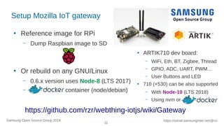 11
https://social.samsunginter.net/@rzrSamsung Open Source Group 2018
Setup Mozilla IoT gateway
●
Reference image for RPi
...