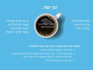 ‫חפש‬‫את‬ ‫להשלים‬ ‫י‬
‫לקפה‬ ‫המרכיבים‬
‫אני‬ ‫ארגון‬ ‫מאיזה‬?
‫אותי‬ ‫מלהיב‬ ‫מה‬
‫שלי‬ ‫בעשייה‬?
‫בעבודתי‬ ‫אוהב‬ ‫אני‬ ‫מה‬
‫השלישי‬ ‫במגזר‬?‫מה‬
‫שלנו‬ ‫הכוח‬ ‫לדעתי‬
‫ביוזמה‬ ‫שלישי‬ ‫כמגזר‬?
‫השולחנות‬ ‫באחד‬ ‫ושבו‬ ‫נוסף‬ ‫זוג‬ ‫בן‬ ‫עם‬ ‫הקפה‬ ‫את‬ ‫השלימו‬–
‫לפניכם‬ ‫המסרים‬ ‫במסמך‬ ‫לעיין‬ ‫עליכם‬
‫חלימה‬ ‫מעגל‬ ‫ערכו‬–‫בזמן‬ ‫שלכם‬ ‫חלום‬ ‫ונסחו‬ ‫המסמך‬ ‫מתוך‬ ‫סוגיה‬ ‫בחרו‬
‫ל‬ ‫מהיום‬ ‫שנתיים‬ ‫הווה‬"‫היוזמה‬ ‫של‬ ‫הטובות‬ ‫חדשות‬2021"
‫הלוח‬ ‫על‬ ‫התוצרים‬ ‫כל‬ ‫את‬ ‫רשמו‬
‫קפה‬ ‫זמן‬...
 
