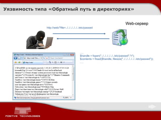 Уязвимость типа «Обратный путь в директориях» Web- сервер http://web/?file=../../../../../../etc/passwd … . $handle = fopen("../../../../../../etc/passwd","r");  $contents = fread($handle, filesize("../../../../../../etc/passwd"));  …. 