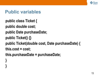 13
Public variables
public class Ticket {
public double cost;
public Date purchaseDate;
public Ticket() {}
public Ticket(double cost, Date purchaseDate) {
this.cost = cost;
this.purchaseDate = purchaseDate;
}
}
 