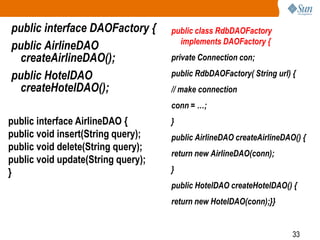 33
public interface DAOFactory {
public AirlineDAO
createAirlineDAO();
public HotelDAO
createHotelDAO();
public class RdbDAOFactory
implements DAOFactory {
private Connection con;
public RdbDAOFactory( String url) {
// make connection
conn = …;
}
public AirlineDAO createAirlineDAO() {
return new AirlineDAO(conn);
}
public HotelDAO createHotelDAO() {
return new HotelDAO(conn);}}
public interface AirlineDAO {
public void insert(String query);
public void delete(String query);
public void update(String query);
}
 