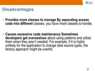 37
Disadvantages
• Provides more classes to manage By separating access
code into different classes, you have more classes to handle.
• Causes excessive code maintenance Sometimes
developers get overzealous about using patterns and utilize
them when they aren’t needed. For example, if it is highly
unlikely for the application to change data source types, the
factory approach might be overkill.
 