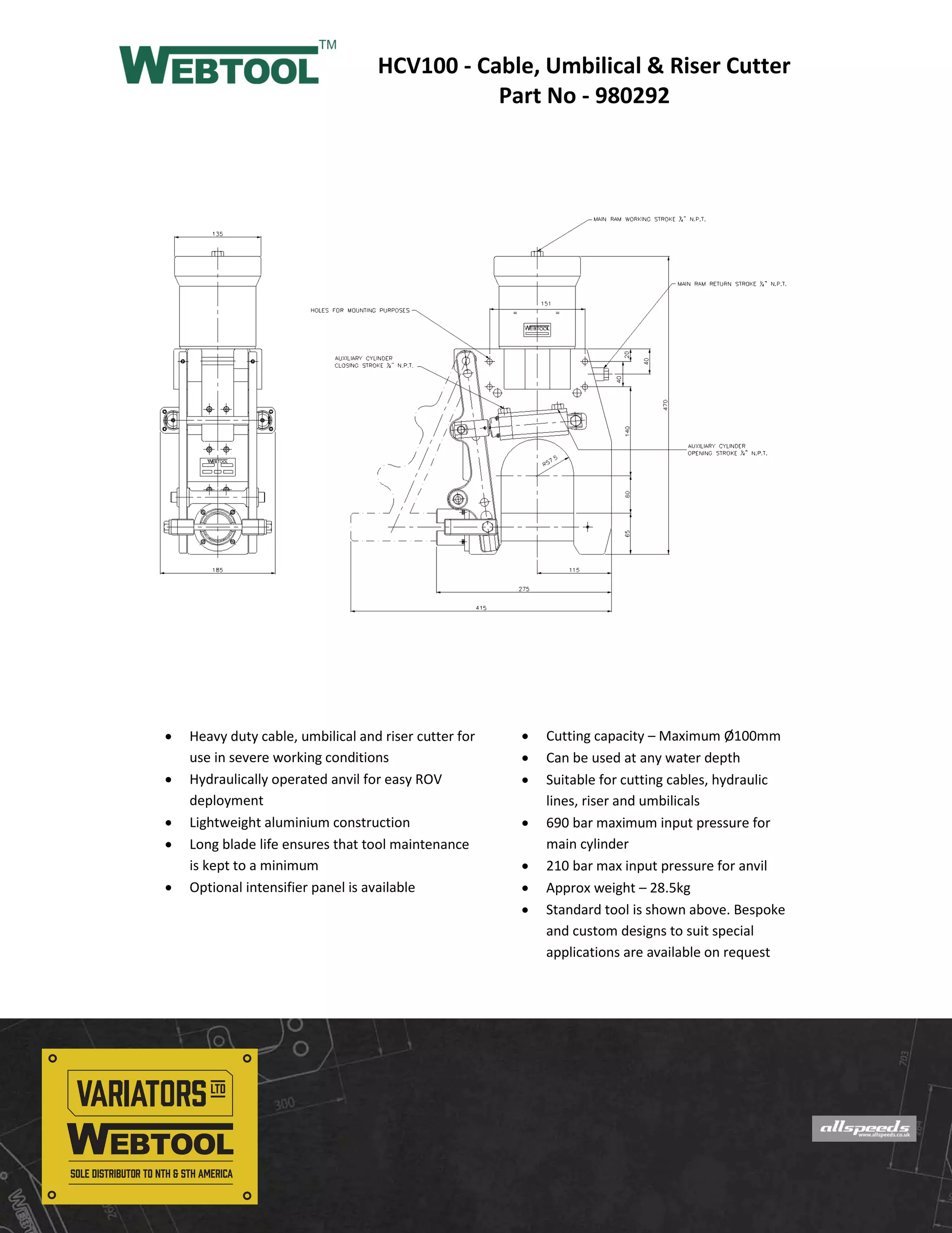 Webtool Cable Cutter Webtool HCV100 Cable Umbilical and Riser Cutter - Data Sheet | PDF