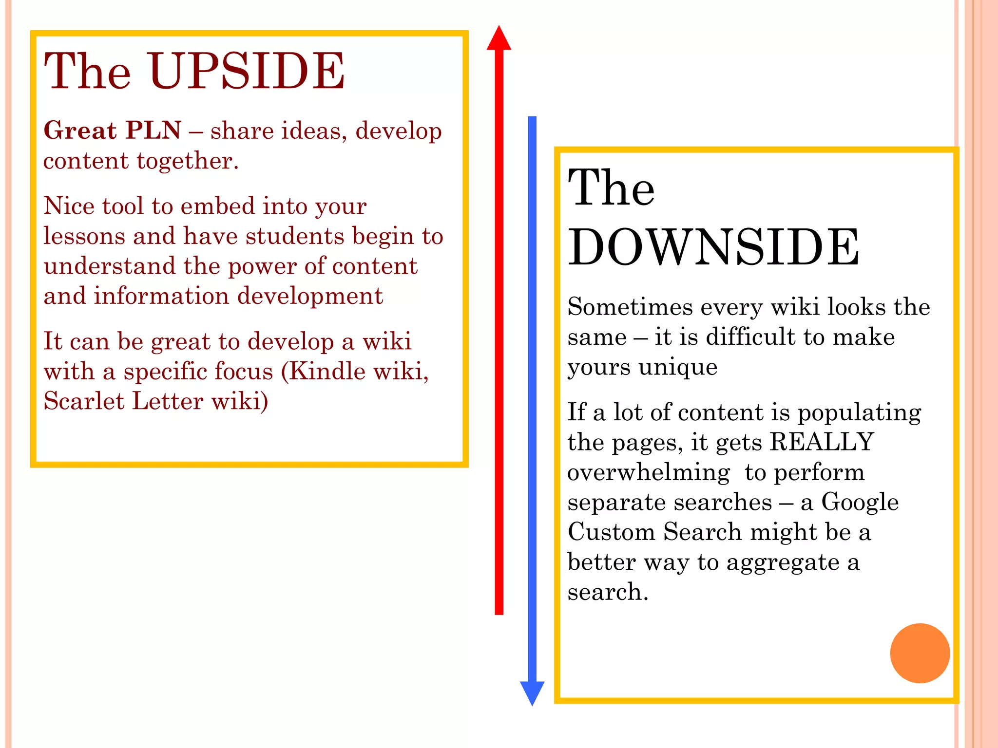 The UPSIDE Great PLN  – share ideas, develop content together. Nice tool to embed into your lessons and have students begin to understand the power of content  and information development It can be great to develop a wiki with a specific focus (Kindle wiki, Scarlet Letter wiki) The DOWNSIDE Sometimes every wiki looks the same – it is difficult to make yours unique If a lot of content is populating the pages, it gets REALLY overwhelming  to perform separate searches – a Google Custom Search might be a better way to aggregate a search. 