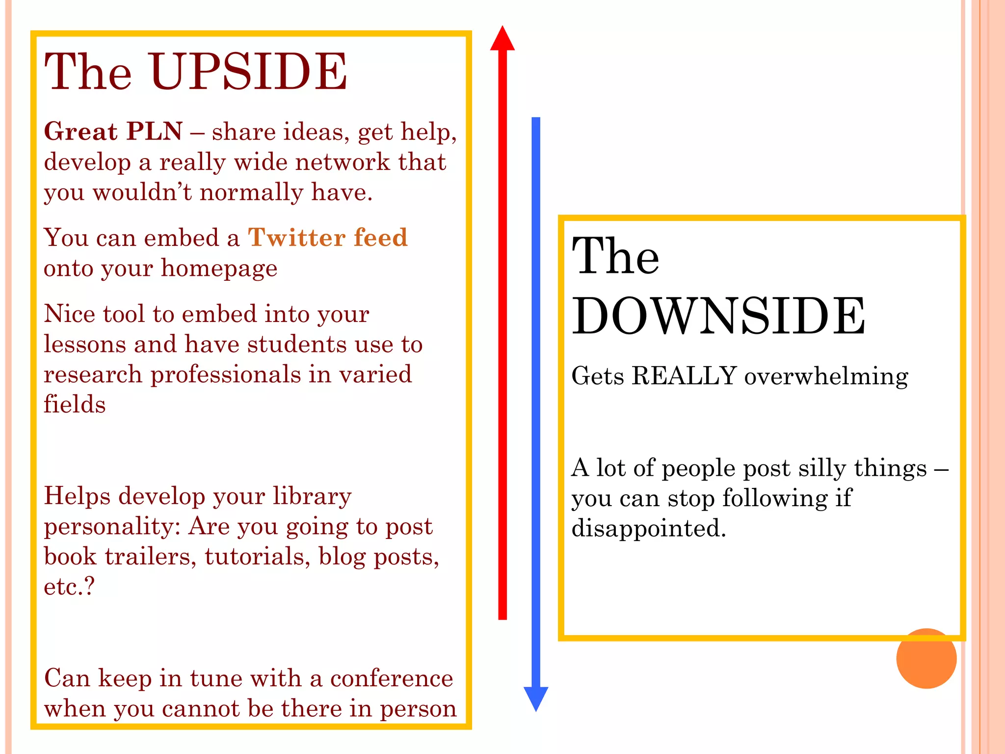 The UPSIDE Great PLN  – share ideas, get help, develop a really wide network that you wouldn’t normally have. You can embed a  Twitter feed   onto your homepage Nice tool to embed into your lessons and have students use to research professionals in varied fields Helps develop your library personality: Are you going to post book trailers, tutorials, blog posts, etc.? Can keep in tune with a conference when you cannot be there in person The DOWNSIDE Gets REALLY overwhelming A lot of people post silly things – you can stop following if disappointed. 