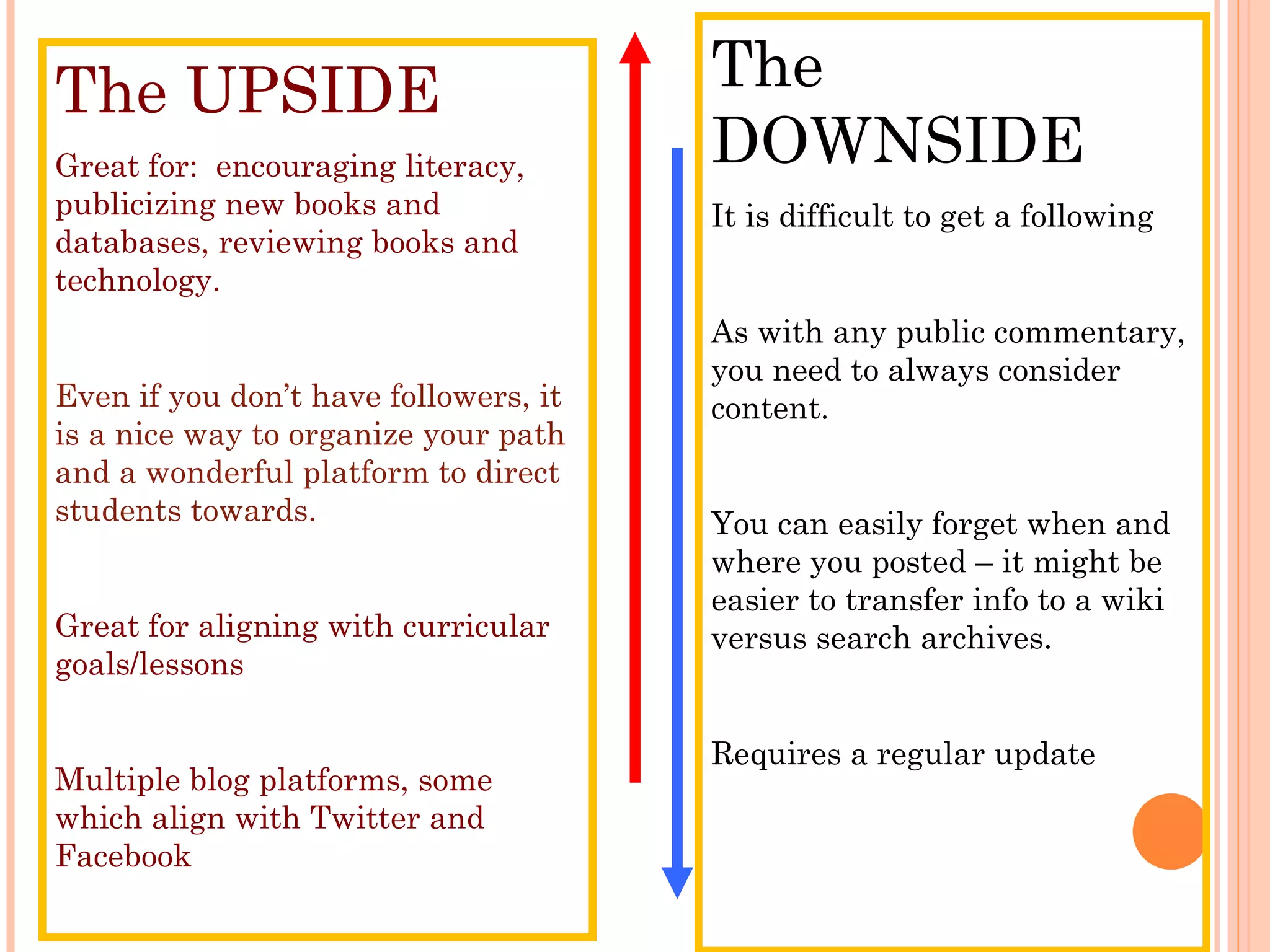 The UPSIDE Great for:  encouraging literacy, publicizing new books and databases, reviewing books and technology. Even if you don’t have followers, it is a nice way to organize your path and a wonderful platform to direct students towards. Great for aligning with curricular goals/lessons Multiple blog platforms, some which align with Twitter and Facebook The DOWNSIDE It is difficult to get a following As with any public commentary, you need to always consider content. You can easily forget when and where you posted – it might be easier to transfer info to a wiki versus search archives. Requires a regular update 