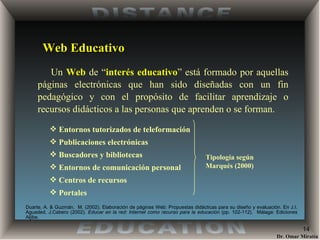 Web Educativo Duarte, A. & Guzmán,  M. (2002) . Elaboración de páginas Web: Propuestas didácticas para su diseño y evaluación. En J.I. Aguaded, J.Cabero (2002).  Educar en la red: Internet como recurso para la educación  (pp. 102-112).  Málaga: Ediciones Aljibe. Un  Web  de “ interés educativo ” está formado por aquellas páginas electrónicas que han sido diseñadas con un fin pedagógico y con el propósito de facilitar aprendizaje o recursos didácticos a las personas que aprenden o se forman.  Entornos tutorizados de teleformación Publicaciones electrónicas Buscadores y bibliotecas Entornos de comunicación personal Centros de recursos Portales Tipología según  Marqués (2000) 
