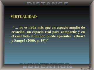 VIRTUALIDAD “…  no es nada más que un espacio amplio de creación, un espacio real para compartir y en el cual todo el mundo puede aprender.  (Duart y Sangrá (2000, p. 19))”  Duart, J. &  Sangrá, A. (2000) .  Aprender en la vietualidad . Barcelona: Gedisa. 