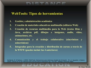 WebTools: Tipos de herramientas Gestión y administración académica  Creación de materiales educativos multimedia (editores Web) Creación de recursos multimedia para la Web (textos Htm y Java, archivos pdf, dibujos e imágenes, audio, video, animaciones, etc. Comunicación y el trabajo colaborativo (sincrónicas y asincrónicas) Integradas para la creación y distribución de cursos a través de la WWW (puedes incluir las 4 anteriores) De Benito, B. & Salinas, J. (2002) . WebTools: Aplicaciones para sistemas virtuales de formación . En J.I. Aguaded, J.Cabero (2002).  Educar en la red: Internet como recurso para la educación  (pp. 175-197).  Málaga: Ediciones Aljibe. 