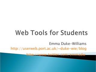 Emma Duke-Williams http://userweb.port.ac.uk/~duke-wie/blog http://www.twitter.com/emmadw   