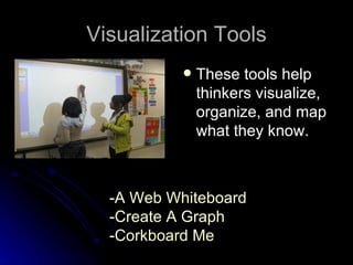 Visualization Tools
              These tools help
               thinkers visualize,
               organize, and map
               what they know.



  -A Web Whiteboard
  -Create A Graph
  -Corkboard Me
 