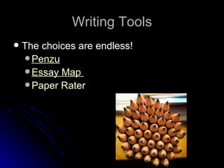 Writing Tools
   The choices are endless!
     Penzu
     Essay Map
     Paper Rater
 