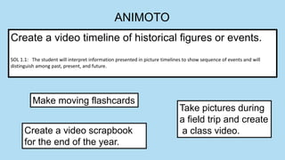 ANIMOTO
Create a video timeline of historical figures or events.
SOL 1.1: The student will interpret information presented in picture timelines to show sequence of events and will
distinguish among past, present, and future.
Create a video scrapbook
for the end of the year.
Take pictures during
a field trip and create
a class video.
Make moving flashcards
 