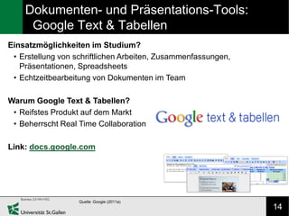 Dokumenten- und Präsentations-Tools:
     Google Text & Tabellen
Einsatzmöglichkeiten im Studium?
 • Erstellung von schriftlichen Arbeiten, Zusammenfassungen,
   Präsentationen, Spreadsheets
 • Echtzeitbearbeitung von Dokumenten im Team

Warum Google Text & Tabellen?
 • Reifstes Produkt auf dem Markt
 • Beherrscht Real Time Collaboration

Link: docs.google.com




                   Quelle: Google (2011a)
                                                               14
 