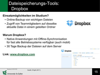 Dateispeicherungs-Tools:
     Dropbox
Einsatzmöglichkeiten im Studium?
 • Online-Backup von wichtigen Dateien
 • Zugriff von Teammitgliedern auf dieselbe
   aktuelle Datei in einem geteilten Ordner

Warum Dropbox?
 • Native Anwendungen mit Offline-Synchronisation
   für fast alle Betriebssysteme verfügbar (auch mobil)
 • 30 Tage Backup der Dateien auf dem Server

Link: www.dropbox.com




                    Quelle: Wright (2011)
                                                          15
 