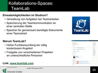 Kollaborations-Spaces:
     TeamLab
Einsatzmöglichkeiten im Studium?
 • Verwaltung von Aufgaben bei Teamarbeiten
 • Speicherung der Teamkommunikation an
   einer zentralen Stelle
 • Speicher für gemeinsam benötigte Dokumente
   einer Teamarbeit

Warum TeamLab?
 • Hoher Funktionsumfang bei völlig
   kostenlosem Angebot
 • Freigabe von verschiedenen Projekten
   an unterschiedliche Personen

Link: www.teamlab.com
                  Quelle: MovingLabs (2011)
                                                20
 