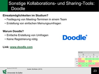 Sonstige Kollaborations- und Sharing-Tools:
     Doodle
Einsatzmöglichkeiten im Studium?
 • Festlegung von Meeting-Termine...