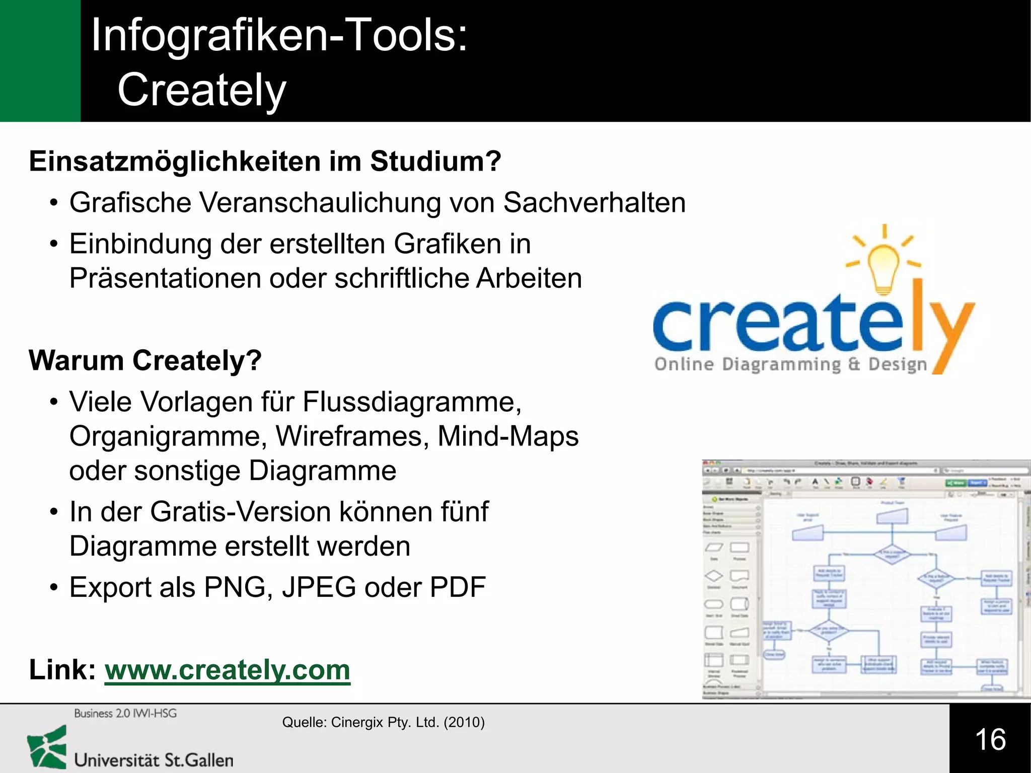 Infografiken-Tools:
      Creately
Einsatzmöglichkeiten im Studium?
 • Grafische Veranschaulichung von Sachverhalten
 • Einbindung der erstellten Grafiken in
   Präsentationen oder schriftliche Arbeiten

Warum Creately?
 • Viele Vorlagen für Flussdiagramme,
   Organigramme, Wireframes, Mind-Maps
   oder sonstige Diagramme
 • In der Gratis-Version können fünf
   Diagramme erstellt werden
 • Export als PNG, JPEG oder PDF

Link: www.creately.com
                  Quelle: Cinergix Pty. Ltd. (2010)
                                                      16
 