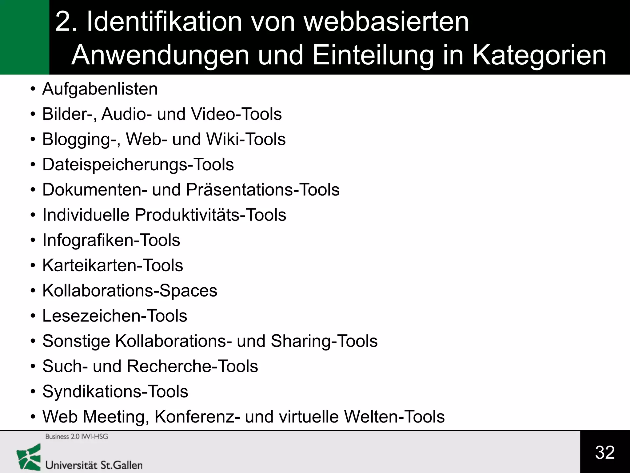 2. Identifikation von webbasierten
      Anwendungen und Einteilung in Kategorien
•   Aufgabenlisten
•   Bilder-, Audio- und Video-Tools
•   Blogging-, Web- und Wiki-Tools
•   Dateispeicherungs-Tools
•   Dokumenten- und Präsentations-Tools
•   Individuelle Produktivitäts-Tools
•   Infografiken-Tools
•   Karteikarten-Tools
•   Kollaborations-Spaces
•   Lesezeichen-Tools
•   Sonstige Kollaborations- und Sharing-Tools
•   Such- und Recherche-Tools
•   Syndikations-Tools
•   Web Meeting, Konferenz- und virtuelle Welten-Tools

                                                         32
 