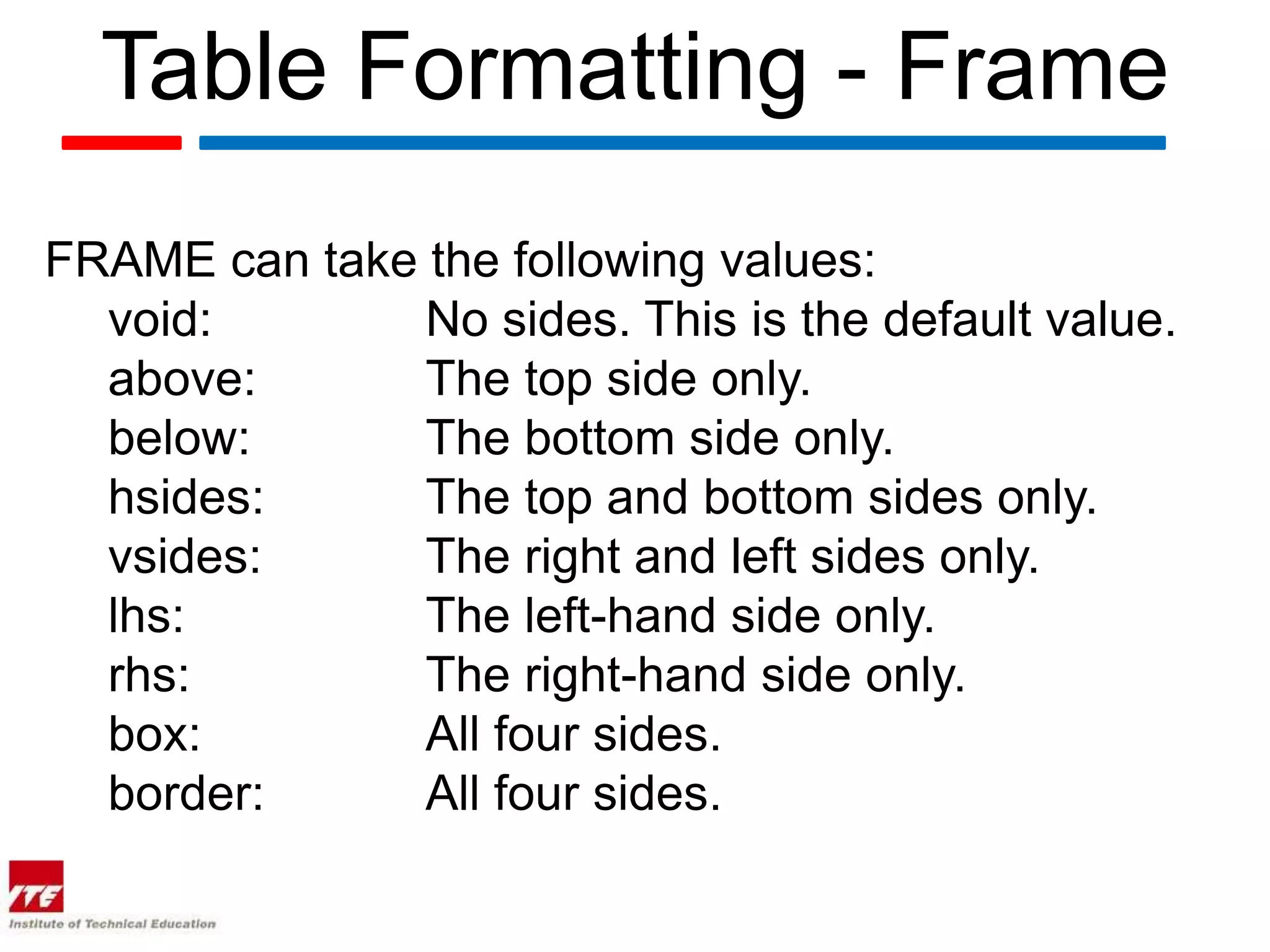 Table Formatting - Frame
FRAME can take the following values:
  void:        No sides. This is the default value.
  above:       The top side only.
  below:       The bottom side only.
  hsides:      The top and bottom sides only.
  vsides:      The right and left sides only.
  lhs:         The left-hand side only.
  rhs:         The right-hand side only.
  box:         All four sides.
  border:      All four sides.
 