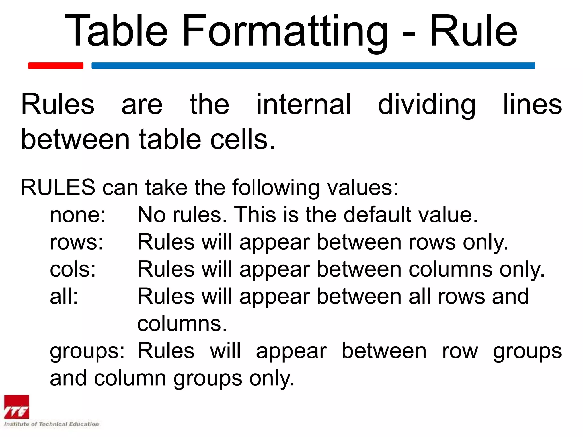 Table Formatting - Rule
Rules are the internal dividing lines
between table cells.
RULES can take the following values:
  none: No rules. This is the default value.
  rows: Rules will appear between rows only.
  cols:   Rules will appear between columns only.
  all:    Rules will appear between all rows and
          columns.
  groups: Rules will appear between row groups
  and column groups only.
 