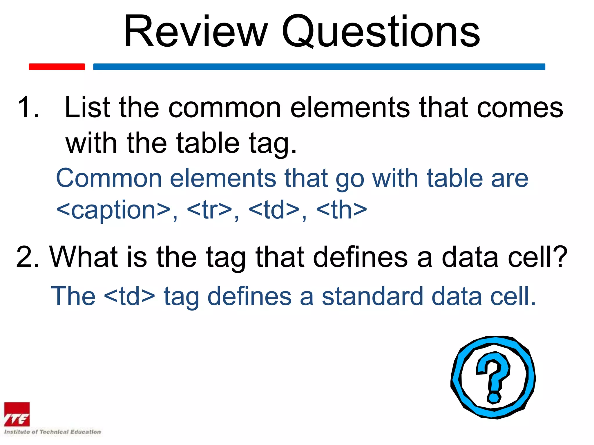 Review Questions
1. List the common elements that comes
   with the table tag.
   Common elements that go with table are
   <caption>, <tr>, <td>, <th>
2. What is the tag that defines a data cell?
  The <td> tag defines a standard data cell.
 