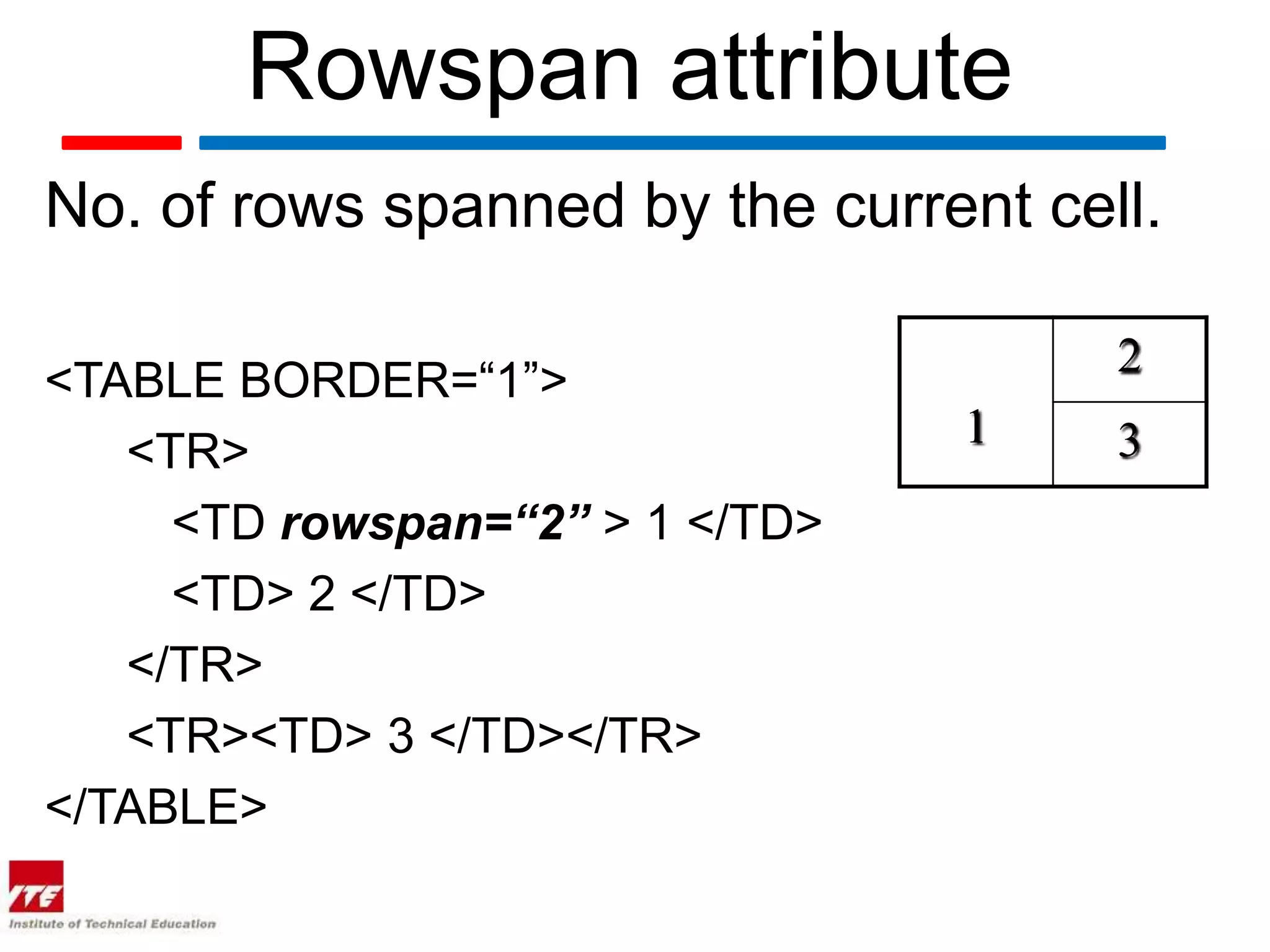 Rowspan attribute
No. of rows spanned by the current cell.

                                      2
<TABLE BORDER=“1”>
                                 1    3
   <TR>
     <TD rowspan=“2” > 1 </TD>
     <TD> 2 </TD>
   </TR>
   <TR><TD> 3 </TD></TR>
</TABLE>
 
