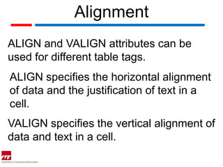 Alignment
ALIGN and VALIGN attributes can be
used for different table tags.
ALIGN specifies the horizontal alignment
of data and the justification of text in a
cell.
VALIGN specifies the vertical alignment of
data and text in a cell.
 